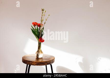 Composizione floreale minimalista con vaso in vetro. Bel bouquet di tulipani rossi e rami con boccioli su sedia rotonda in legno. Fiore ikibana, set per me Foto Stock