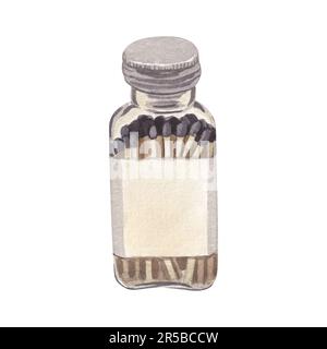 Vaso di vetro acquerello con colori di fiammiferi. Illustrazione disegnata a mano di tendenza isolata su sfondo bianco. Perfetto per aromaterapia, hygge casa Foto Stock