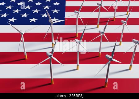 Turbine eoliche generatori di elettricità sparsi sulla bandiera nazionale degli Stati Uniti. Il concetto di sviluppo americano di energia rinnovabile ed eolica Foto Stock