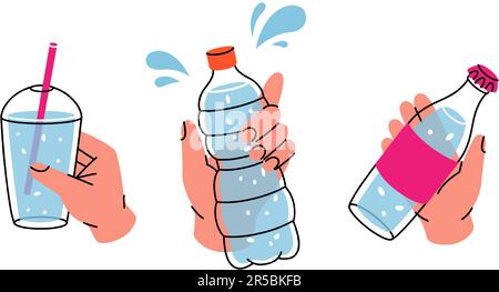 Le mani contengono bottiglie di plastica. Bottiglie in plastica e bicchiere in vetro. Illustrazione vettoriale. Illustrazione Vettoriale