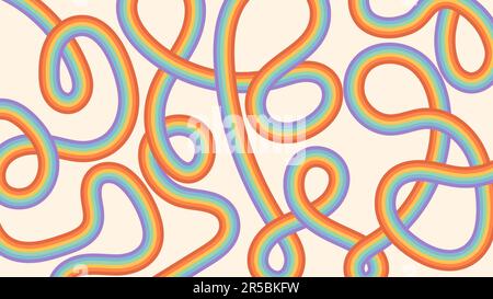 Astratto vettore disegno a mano sfondo con spazio copia e arcobaleno strisce colorate. Trendy groovy modello panoramico per banner di design, pubblicità Illustrazione Vettoriale