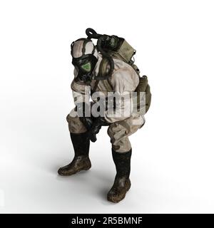 3D immagine rappresentata di una persona che indossa una maschera protettiva a gas mentre è seduto su uno sfondo bianco pieno Foto Stock