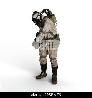 Immagine 3D di una persona che indossa una tuta con maschera a gas, progettata per proteggere da elementi pericolosi presenti nell'aria Foto Stock