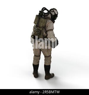 Immagine 3D di una persona che indossa una tuta con maschera a gas, progettata per proteggere da elementi pericolosi presenti nell'aria Foto Stock