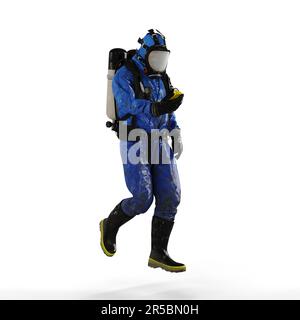 Immagine 3D di una persona che indossa una tuta a gas blu e utilizza un dispositivo di comunicazione Foto Stock