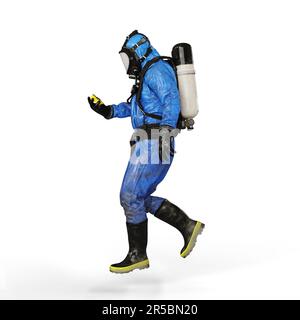 Immagine 3D di una persona che indossa una tuta a gas blu e utilizza un dispositivo di comunicazione Foto Stock