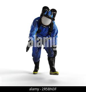 Un'immagine 3D rappresentata di una persona che indossa una maschera blu a gas, accovacciata in una posizione piegata Foto Stock