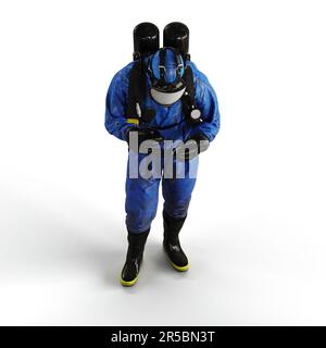 Un'immagine 3D rappresentata di una persona che indossa una maschera blu a gas, accovacciata in una posizione piegata Foto Stock