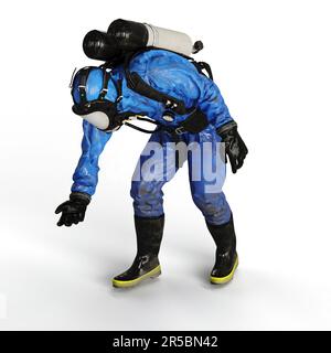 Un'immagine 3D rappresentata di una persona che indossa una maschera blu a gas, accovacciata in una posizione piegata Foto Stock