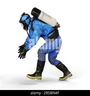 Un'immagine 3D rappresentata di una persona che indossa una maschera blu a gas, accovacciata in una posizione piegata Foto Stock