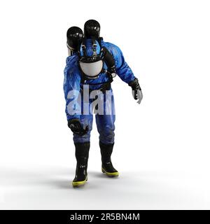 Un'immagine 3D rappresentata di una persona che indossa una maschera blu a gas, accovacciata in una posizione piegata Foto Stock