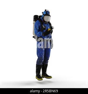 Immagine 3D di una persona che indossa una tuta a gas blu e utilizza un dispositivo di comunicazione Foto Stock