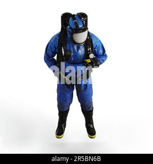 Immagine 3D di una persona che indossa una tuta a gas blu e utilizza un dispositivo di comunicazione Foto Stock