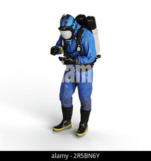 Immagine 3D di una persona che indossa una tuta di protezione blu in zerbino mentre è in piedi su uno sfondo bianco Foto Stock