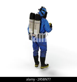 Immagine 3D di una persona che indossa una tuta a gas blu e utilizza un dispositivo di comunicazione Foto Stock