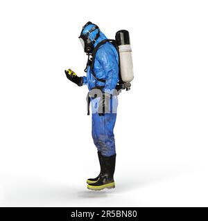 Immagine 3D di una persona che indossa una tuta a gas blu e utilizza un dispositivo di comunicazione Foto Stock