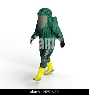 Un'immagine resa in 3D di una persona che indossa una tuta protettiva verde con sfondo bianco Foto Stock