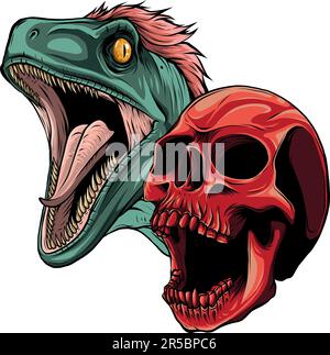 Illustrazione vettoriale della testa del Velociraptor con cranio umano Illustrazione Vettoriale