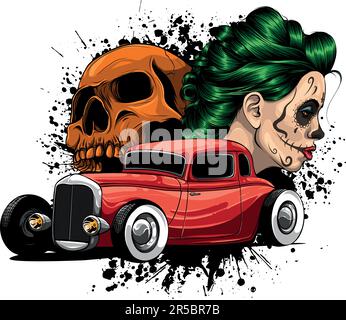 illustrazione vewctor di auto hot rod con donna e cranio Illustrazione Vettoriale