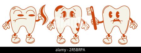 Carino denti personaggi in piatto retrò, groovy style.Concept di odontoiatria e stomatologia. Illustrazione Vettoriale