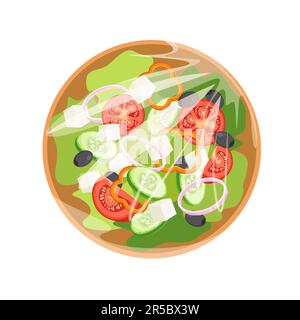 Insalata in un contenitore di plastica o vassoio con coperchio di cellofan. Cibo mockup. Bicchiere di cartone con coperchio. Vista dall'alto. Illustrazione vettoriale in stile piatto alla moda. Illustrazione Vettoriale