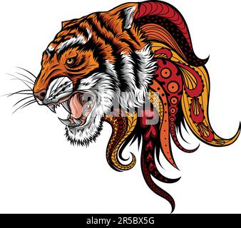 Colorate arti di mandala Tiger Head isolate su sfondo bianco Illustrazione Vettoriale