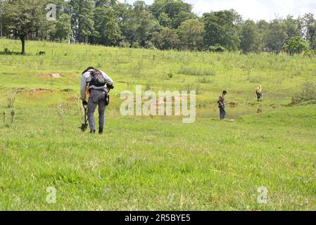 Uomini in un campionato di detettorismo utilizzando un metal detector su un lotto erboso con un lago al centro. Foto Stock