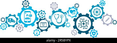 informazioni sanitarie vettoriali banner app / assistenza sanitaria digitale / cartelle cliniche elettroniche / sistemi informativi sanitari icone concetto – vettore Illustrazione Vettoriale