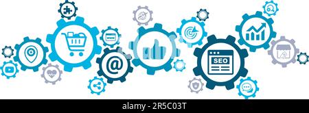 Marketing online, social media marketing, SEO banner illustrazione vettore con l'icona di pollice, al tasso di, shopping, obiettivo, grafico, posizione Illustrazione Vettoriale