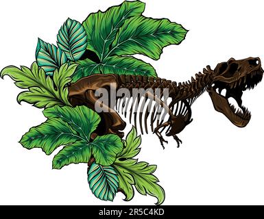 Illustrazione vettoriale dello scheletro di dinosauro Tyrannosaurus Rex con foglie Illustrazione Vettoriale