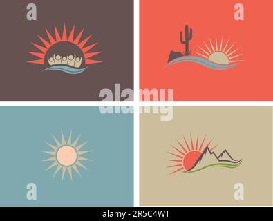Pacchetto Desert Mountains Rock Sun American Nature Landscape Logos retro Vintage Illustrazione Vettoriale