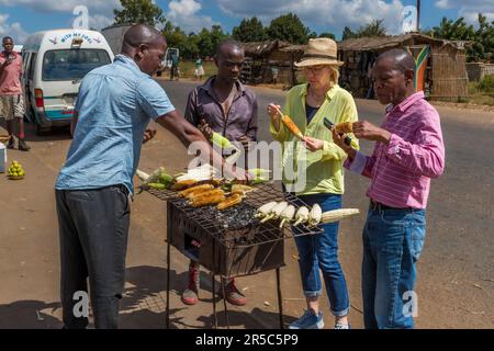 Stand di vendita con mais arrosto sulla pannocchia. Come take-away, le pannocchie di mais calde sono semplicemente avvolte in foglie di mais. Granoturco arrosto sulla vendita strada di pannocchie (mais in giacca). Chitimbe, Malawi Foto Stock