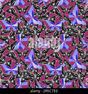 motivo senza cuciture di farfalle blu-nere su uno sfondo viola, texture, design Foto Stock