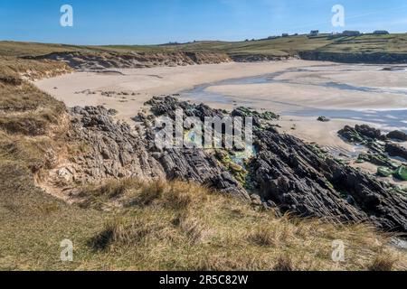 Spiaggia deserta a Breckon Sands su Yell, Shetland. Foto Stock