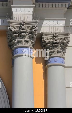 676 particolare di colonne e capitelli in ordine composito ionico sulla facciata dell'edificio De Lacy, sobborgo di Darlinghurst. Sydney-Australia. Foto Stock