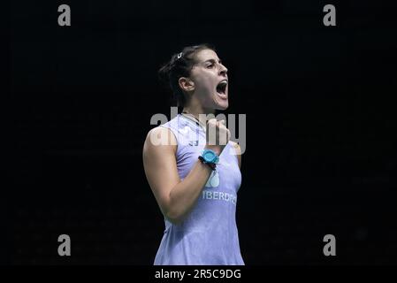 Bangkok, Thailandia. 02nd giugno, 2023. Carolina Marin di Spagna gioca contro Michelle li del Canada durante il singolo femminile di Badminton nel Thailand Open 2023 allo stadio indoor di Huamark. Carolina Marin ha vinto Michelle li 2:0 (21:19, 21:12). Credit: SOPA Images Limited/Alamy Live News Foto Stock