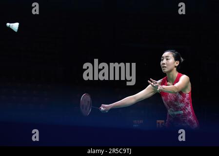 Bangkok, Thailandia. 02nd giugno, 2023. Michelle li del Canada gioca contro Carolina Marin di Spagna durante il singolo Badminton Womenís nel Thailand Open 2023 allo Stadio al coperto Huamark. Carolina Marin ha vinto Michelle li 2:0 (21:19, 21:12). Credit: SOPA Images Limited/Alamy Live News Foto Stock