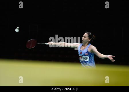 Bangkok, Thailandia. 02nd giugno, 2023. Pornpawee Chochuwong of Thailand gioca contro He Bing Jiao of China durante il singolo Badminton Womenís nel Thailand Open 2023 allo stadio al coperto Huamark. Bing Jiao vinse Pornpawee Chochuwong 2:0 (21:10, 21:19). Credit: SOPA Images Limited/Alamy Live News Foto Stock