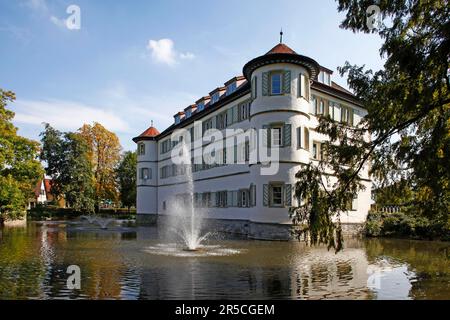 Castello ormeggiato, costruito nel 1601 da Eberhard von Gemmingen, fontana, Bad Rappenau, Baden-Wuerttemberg, Germania Foto Stock