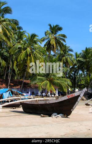 Barca da pesca, cane, Palolem Beach, Goa, India Foto Stock