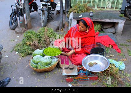 Donna che vende ceci, Udaipur, Rajasthan, India Foto Stock