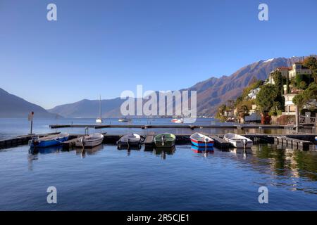 Molo, Monte Verita e Mosca, Ascona, Lago maggiore, Ticino, Lago maggiore, Svizzera Foto Stock