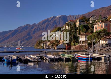 Molo, Monte Verita e Mosca, Ascona, Lago maggiore, Ticino, Lago maggiore, Svizzera Foto Stock