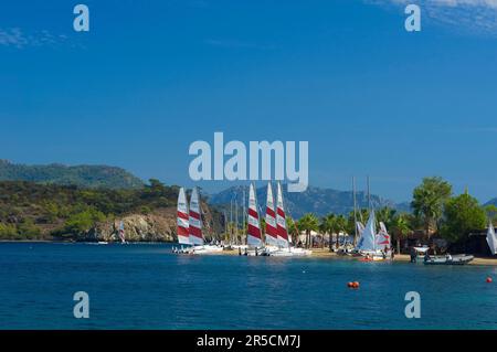 Catamarani sulla spiaggia del D-Hotel Maris vicino a Marmaris, Egeo Turco, Turchia Foto Stock