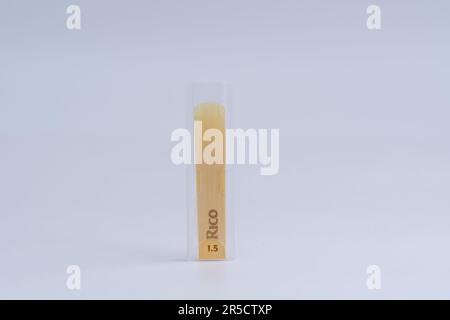 Rico RCA0315 Clarinet Reeds. Reed per Clarinet isoalted su bianco. Stafford, Regno Unito, 2 giugno 2023 Foto Stock