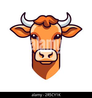 Design con logo a testa di mucca. Mucca da disegno astratta con corna. Carino cartone animato mucca faccia. Illustrazione vettoriale Illustrazione Vettoriale