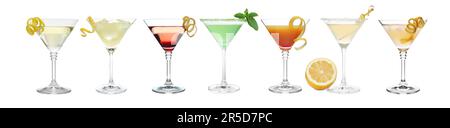 Allestito con cocktail diversi in bicchieri martini su sfondo bianco Foto Stock