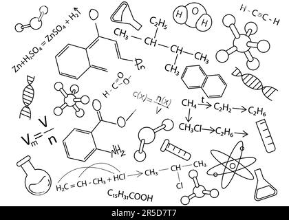 Diverse formule chimiche, reazioni e icone su sfondo bianco Foto Stock