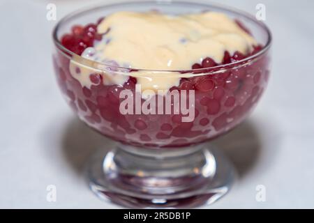 Vino rosso sago con crema alla vaniglia, dessert tradizionale culturale dal Brasile meridionale. la cultura di gaucho. Sagu Foto Stock