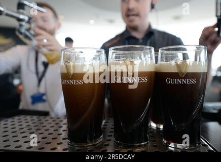 Gusterete una pinta di Guinness Stout al bar sul tetto della Guinness Storehouse di St James's Gate a Dublino, Irlanda. Foto Stock